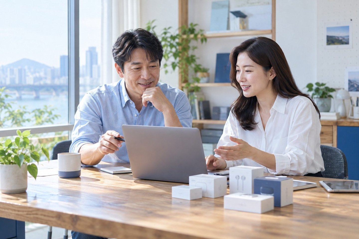 나란히 앉아 서류의 항목을 확인하는 두 사람 — 신용불량자 PG업체 정산 계좌정산 계좌, 사장님 본인 통장으로 받아요. 연락 주시면 계좌 여는 차례부터 맞춰 드립니다.