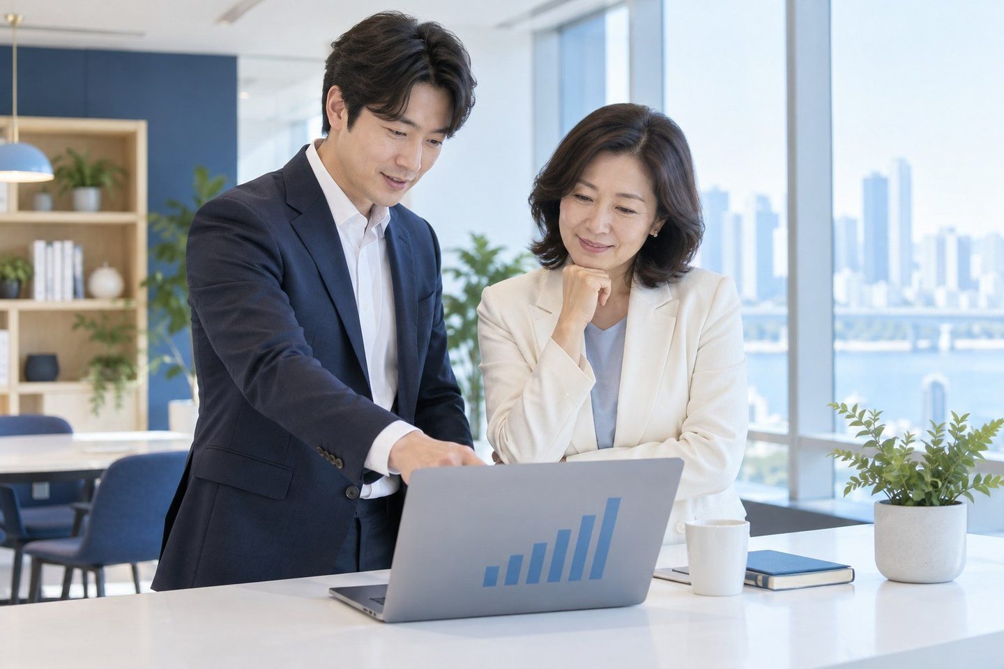 노트북 화면을 가리키며 계약을 설명하는 두 사람 — 신용불량자 PG업체 상담상담, 사장님 이야기부터 듣습니다. 연락 주시면 빠르면 그날 개통까지 이어 드립니다.